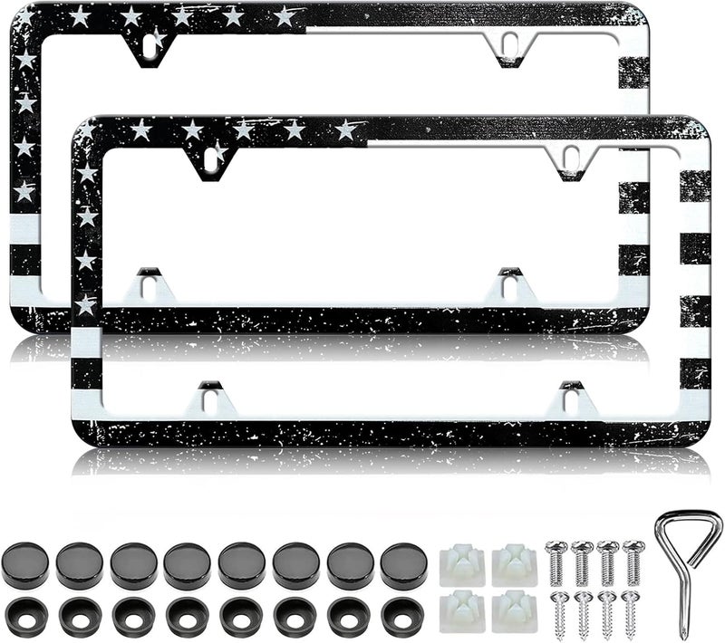 LIN KANG Black American Flag License Plate Frame - 2 Pack Stainless Steel Vintage Patriotic USA Flag License Plate Holder Cover Rust-Proof Auto Parts Decoration with Screws 4 Holes - Image 1
